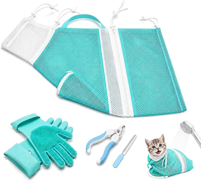 Cat Bathing Set with Pet Grooming Gloves for Cat Grooming, Upgraded Breathable Cat Bag for Bath with Openable Zipper and Reinforced Handle, Cat Washing Set with Nail Clipper File (Green)