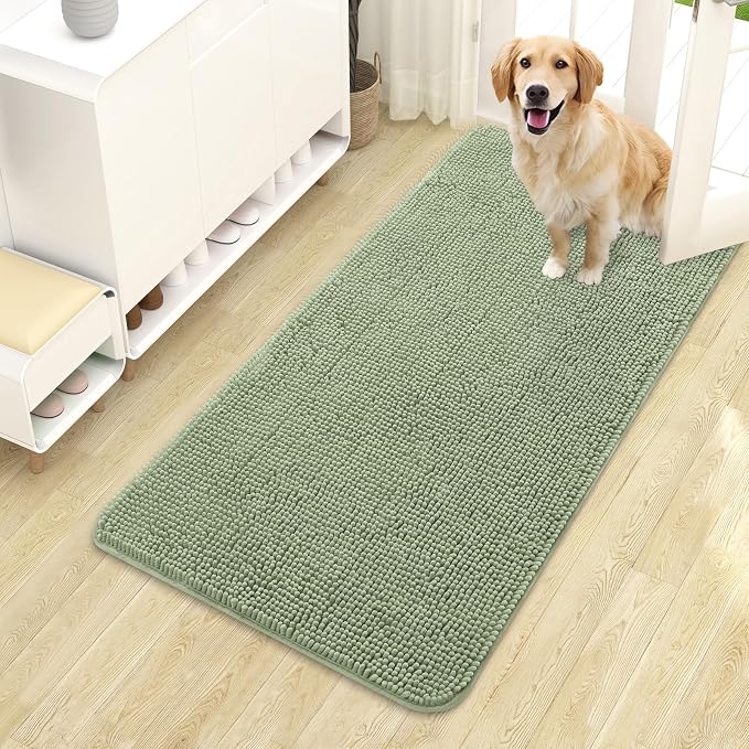 OLANLY Dog Door Mat for Muddy Paws 44x24, Super Absorbent Chenille Mud Mat | Sage Green, Absorbs Moisture and Dirt, Non-Slip Machine Washable Doormat, Quick-Drying Indoor Entryway Floor Carpet for Dogs