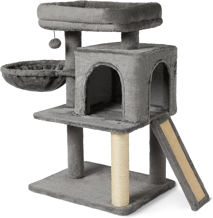 Amazon Basics Indoor Cat & Kittens Multi-Level Climbing Activity Tower with Scratching Posts, 2 Condos, FSC Certified, M - 30"(76.2cm) H, Grey