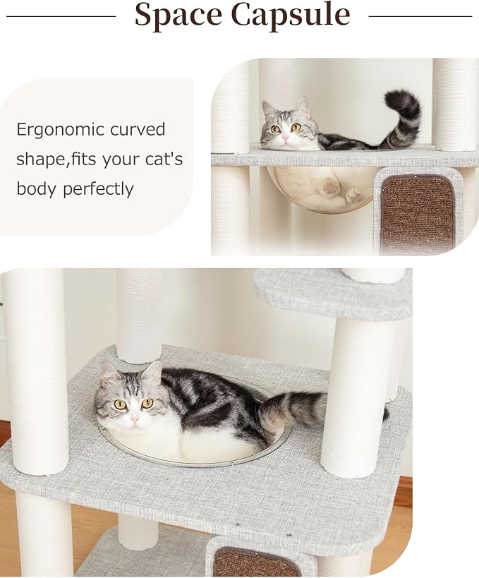 Cat Tree for Large Cat, Modern Senior Friendly Cat Tower with Wide Shelves Low Step, Cotton Scratching Posts, Super Sturdy Base, Cozy Perches, and Interactive Toys (Gray)