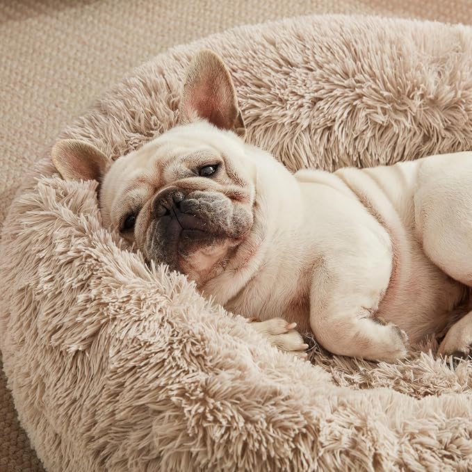 Love's cabin Calming Cat Bed for Indoor Cats, Anti-Anxiety Donut Round Dog Bed,Fluffy Faux Fur Washable Pet Bed for Small Medium Dogs and Cats, Taupe, 24in