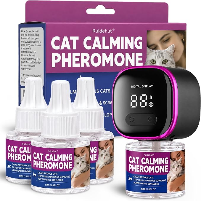 Timer Display Cat Calming Pheromone Diffuser, Daily Auto-On | 1 Diffusers 3 Refills, 4/8/12/24-Hour Timer, Helps Reduce Anxiety, Scratching, Spraying & Urine Marking, Odorless Formula