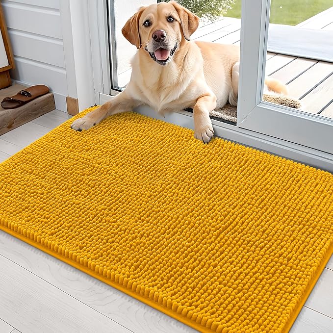 OLANLY Dog Door Mat for Muddy Paws 36x24, Super Absorbent Chenille Mud Mat | Golden Yellow, Absorbs Moisture and Dirt, Non-Slip Machine Washable Doormat, Quick-Dry Indoor Entryway Floor Carpet for Dogs