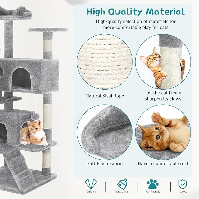 DUMOS 54 Inch Cat Tree Tower with Scratching Posts | Indoor Multi-Level Pet House for Large Cats with 2 Condos, Round Platform, Small Ladder and Toys, Light Grey