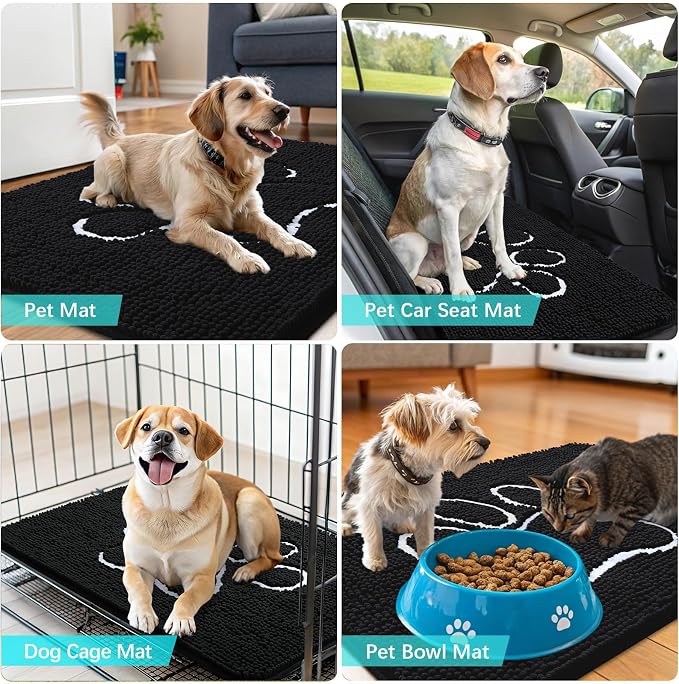 OLANLY Dog Door Mat for Muddy Paws 70x32, Paw Print Design Chenille Mud Mat | Black, Absorbent, Traps Moisture and Dirt, Non-Slip Washable Doormat, Quick-Drying Indoor Entryway Floor Carpet for Dogs