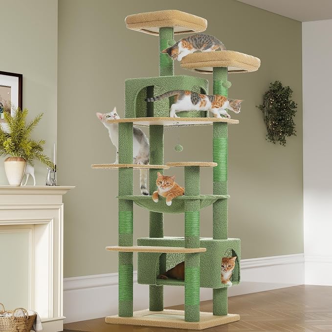 PAWZ Road 81" Cactus Cat Tree XXL Condo Hammock &2 Perches for Adult Cats | green large cat tree tower, 20"×16" hammock for maine cats, cute cat tower large condos,7 scratch posts & bottom scratcher