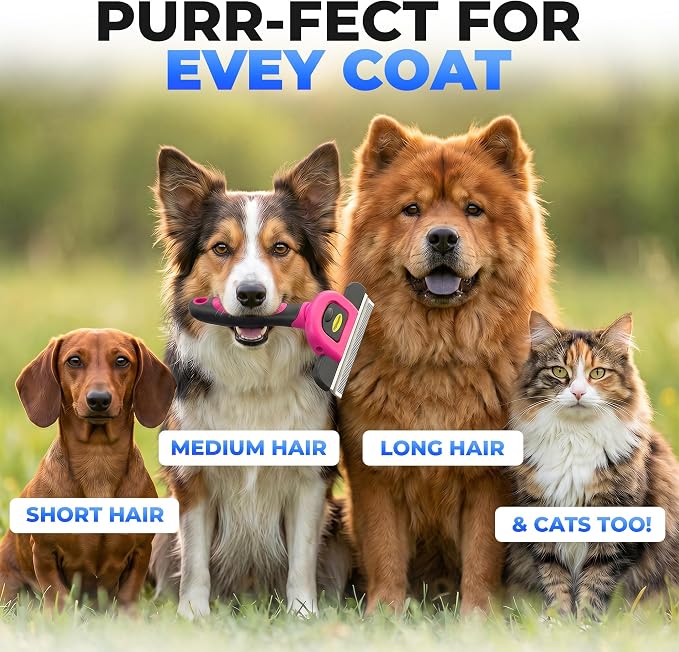 DakPets Stainless Steel Pet Deshedding Tool - Grooming Brush for Cats and Dogs, Removes Trapped Hair, Reduces Shedding by Up to 95%, All Hair Types, Includes Protective Blade Cover, Pink, 4 inches