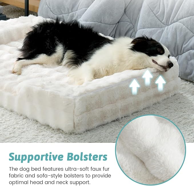 COZY KISS Orthopedic Dog Bed for Extra Large Dog 44x32 inch, XL Faux Fur Pet Sofa, Bolster Foam Bed with Sides, Non-Slip and Egg-Crate Big Dog Couch Bed with Washable Removable Cover, Beige