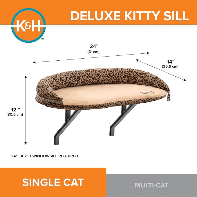 K&H Cat Window Perch, Deluxe Kitty Sill with Bolster, 24x14in, Tan/Leopard | Cat Window Hammock Bed, Orthopedic Window Bed Holds 40 lbs, Washable Cover, Indoor Windowsill Furniture