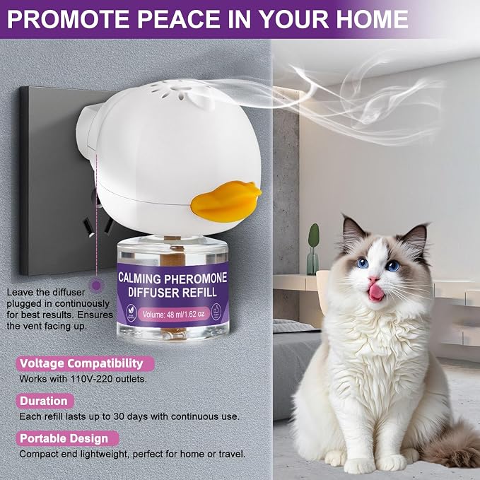 Calming Pheromone Diffuser for Cats Relieves Anxiety and Stress Calming 1 Diffuser for Cats 3 Refills, Reduces Fighting and Scratching Calming Relaxation
