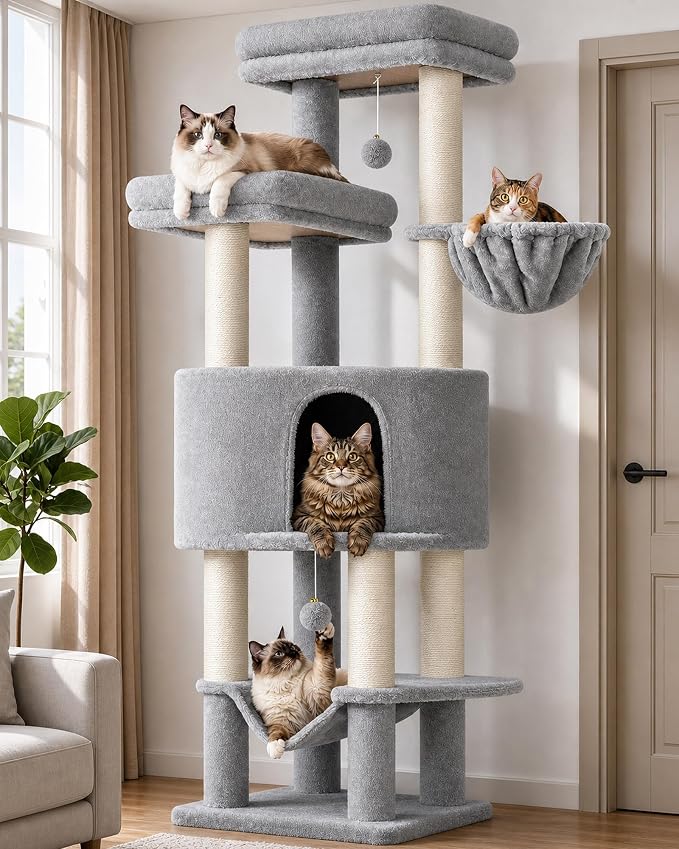 Globlazer F65D Corner Cat Tree Tower with Scratching Posts, Light Grey | 65in Multi-Level Large Cat Scratching Tower with Hammock, 6 Scratching Posts, Basket and 2 Perches for Indoor Multiple Cats