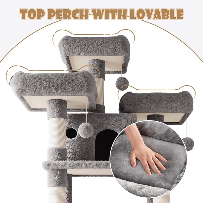 SHA CERLIN 81 Inches Extra Large Cat Tree for Indoor Adult Cats/XXL Big Cat Tower with Condo/Cozy Perches/Sisal Scratching Posts and Hammocks/Activity Center/F80/Heavy Duty/Grey