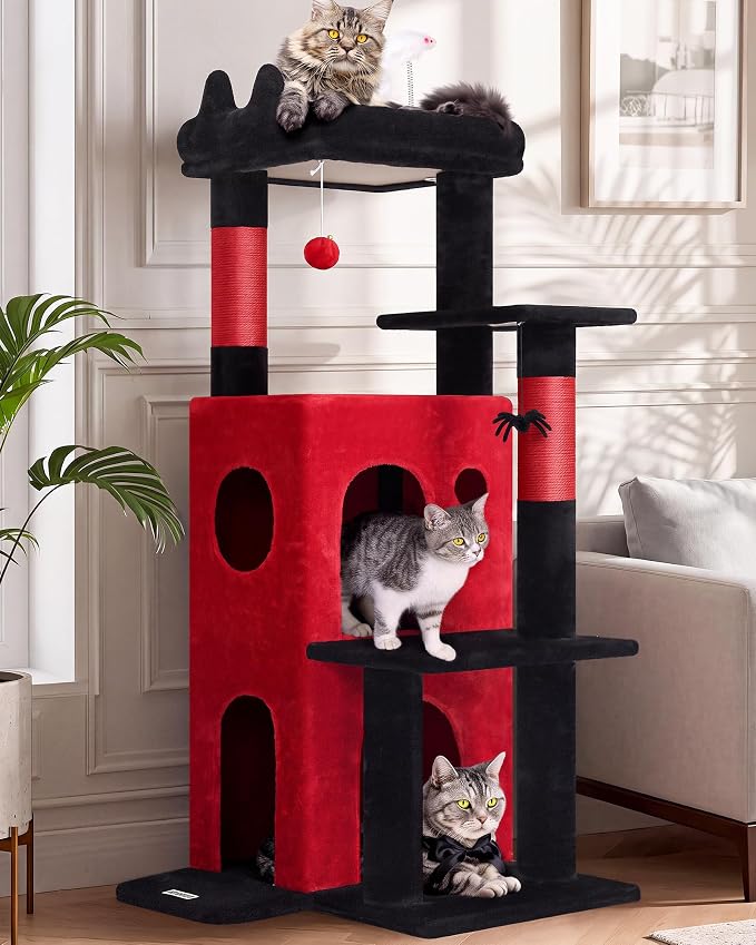 Globlazer Gothic Cat Tree Tower for Indoor Cats, 50-inch Goth Adult Cat Tree House for Large Adult Cats with Steps, Scratching Post, 2 Cat Caves, Dangling Toys, FC50, Blood-Goth