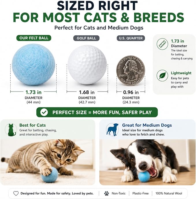 Cat Felt Balls 6 Pack, Wool Toy Balls for Indoor Cats, No Catnip | Dense tightly felted construction holds shape through biting, clawing, and carrying. Resists shedding and unraveling.