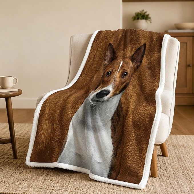 BlessLiving Basenji Brown Throw Blanket with Large Dog Patterns Sherpa Fleece Blanket Couch Bed, Soft Cozy Warm Pet Blankets for Puppy Lovers Cute Animal Print Gift 50x60 Inches