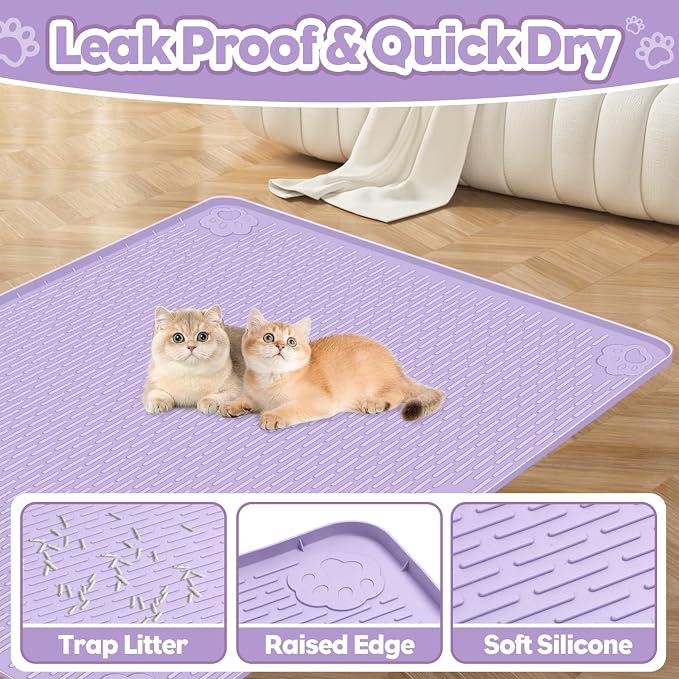 Silicone Cat Litter Mat for Litter Box 40”x28” Large Cat Mat, Purple | Waterproof, Non-Slip, Leak-Proof Rug Mat with Lip, Easy to Clean, Extra Large Litter Catcher Mat for Floor