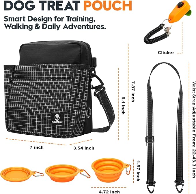 Dog Treat Pouch for Training, Magnetic Dog Walking Bag and Fanny Pack | Large treat pocket with poop bag dispenser, clicker and bowl; hands-free for dog training, walks, park trips and travel