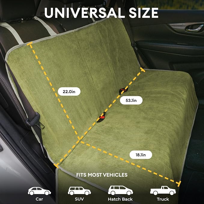 FUNNY FUZZY Dog Car Seat Cover for Back Seat, Back Seat Pet Cover for Dogs Waterproof, Scratchproof Dog Backseat Cover, Non-Slip Bench Car Seat Protector, Universal Fit Most Cars, SUVs, Trucks, Green