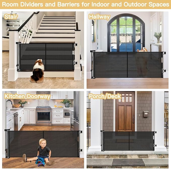 Reinforced 28 Inch Tall Retractable Dog Gate Small Baby Gate - Easy Step Over Dog Gate Short Pet Gate with Support Rods, 55" Wide Retractable Baby Gate for Stairs, Puppy Gates for Doorways, Black