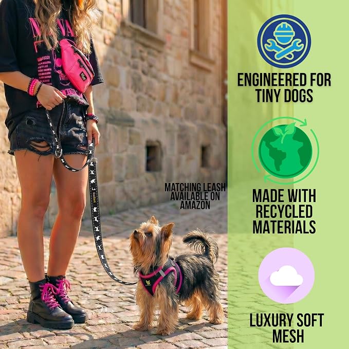 EcoBark Step in Dog Harness - Eco-Friendly Teacup Dog Harnesses for XXS, XS, and Small Dogs - Reflective and Adjustable Mini Body Halter Vest -Tiny Soft Mesh Toy Breed Harness (XXXS, Black and Pink)
