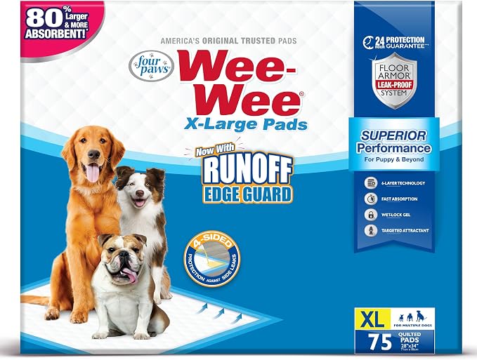 Four Paws Wee-Wee Superior Performance Extra Large Pee Pads for Dogs with Runoff Barrier Edge Guard Protection, Puppy & Dog Potty Training Pads, Housebreaking Supplies, 28" x 34" (75 Count)