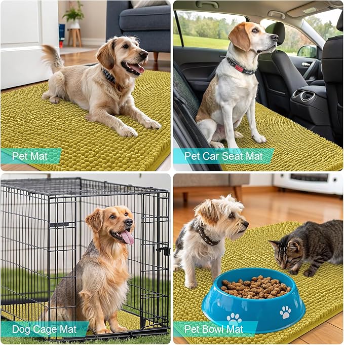 OLANLY Dog Door Mat for Muddy Paws 30x20, Super Absorbent Chenille Mud Mat | Mustard Yellow, Absorbs Moisture and Dirt, Non-Slip Machine Washable Doormat, Quick-Dry Indoor Entryway Floor Carpet for Dogs
