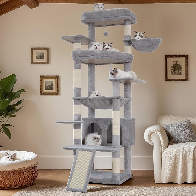 Heybly Tall Cat Tree for Large Cat, 80-inch Multi-Level Cat Tower HCT038W | Condo Furniture for Indoor Cats with Large Baseboard, 2 Widened Plush Perches, Scratching Board, Big Caves, Light Gray