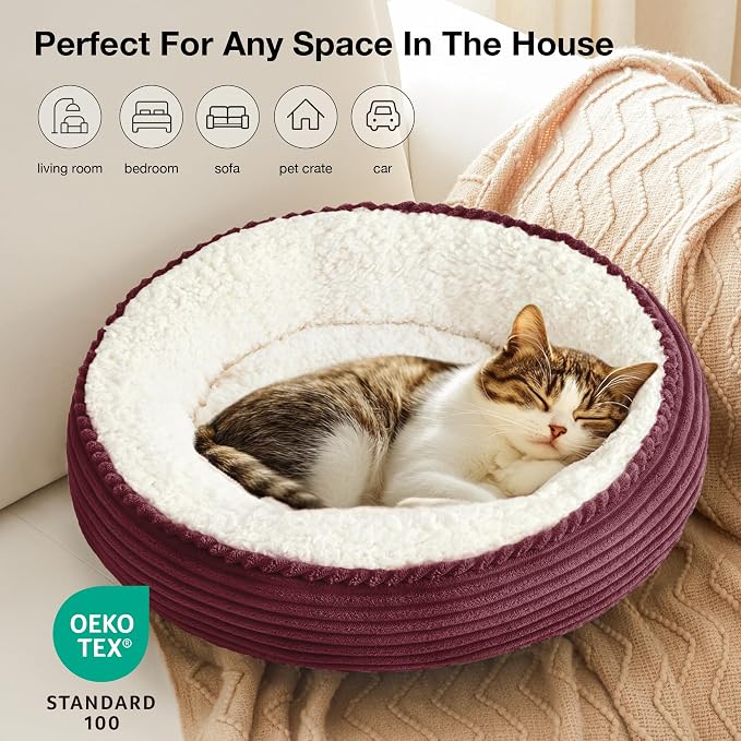 Love's cabin Round Donut Cat and Dog Cushion Bed, 20in Pet Bed for Cats or Small Dogs, Anti-Slip & Water-Resistant Bottom, Super Soft Durable Fabric Pet beds, Washable Luxury Bed Burgundy Stripe