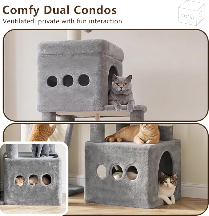 Heybly Cat Tree 72.4-Inch Anti-Tip Cat Tower with Spacious Perches HCT060W | All-in-One Cat Furniture for Large Cats, Multiple Interactive Areas, Extra-Large Sisal Scratching Board, Light Gray