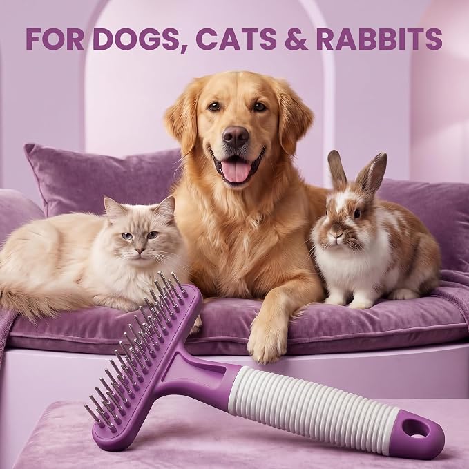 POODLIE Poodle Pet Dog Grooming Rake| Dematting Tool with Stainless Steel Shedding Comb for Pets | 2 Rows of Pins Gently Remove Loose or Tangled Hair from Undercoat | Purple Handle