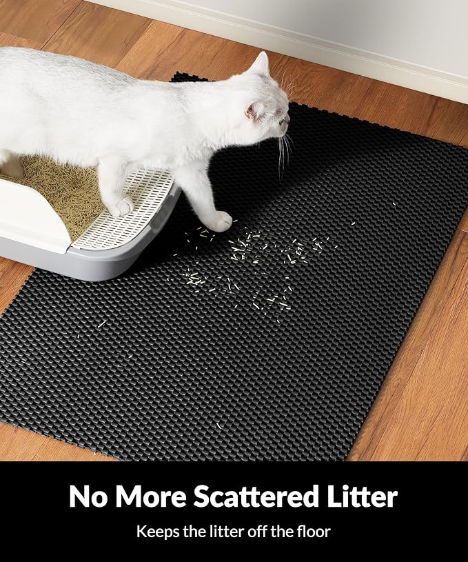Cooyes Cat Litter Mat - Cut to Fit Any Place, 47"x35" Large Litter Trapping Mat for Litter Box, Easy to Clean, Waterproof & Non-Slip Kitty Pad, Scatter Control to Protect the Floor (Black)
