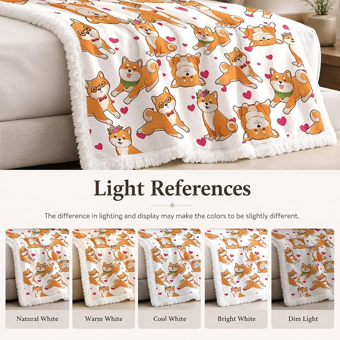 BlessLiving Shiba White Throw Blanket with Dense Dog Patterns Sherpa Fleece Blanket Couch Bed, Soft Cozy Warm Pet Blankets for Kawaii Puppy Lovers Pink Heart Cute Animal Print Gift 50x60 Inches