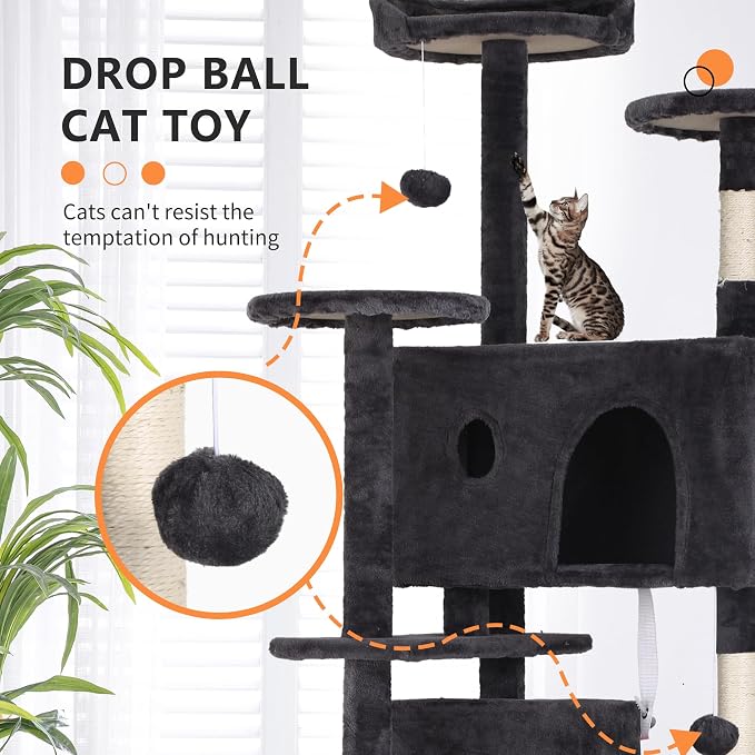 BestPet | 70" Cat Tree Tower | Dark Gray | Sturdy Multi-Level Cat Tree | with Plush Condo, Cozy Perch, Sisal Scratching Posts, Hanging Toy and Hammock | Easy Assembly | for Kittens & Adult Cats