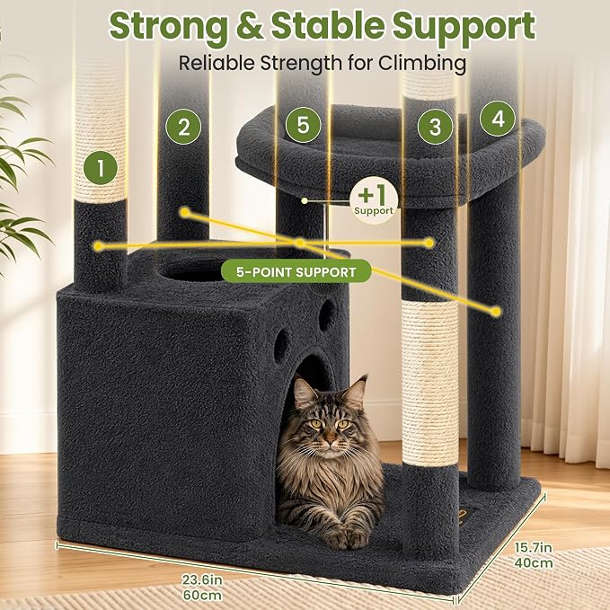 67in Cat Tree Tower for Indoor Cats, Multi-Level Dark Grey | Climbing Tower with 3 Large Platform, 4 Scratching Posts, Hammock, Large Condo for Multiple Cats, Modern Cat Tree Furniture