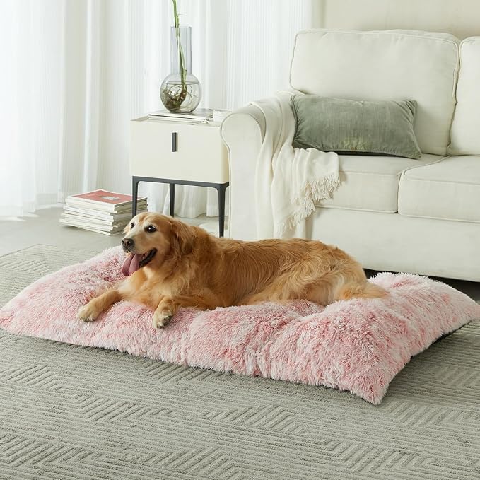 BFPETHOME Dog Bed for Large Dogs, Plush Kennel Pad for Sleeping &Ease Anxiety, Washable Mats with Anti-Slip Bottom - 53 x 36 inch Pink