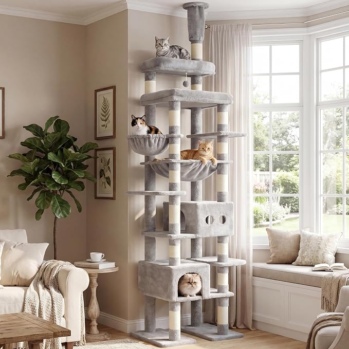 Heybly Floor to Ceiling Cat Tree, 104.7"-116.5" Height-Adjustable HCT92W | Expanded Wide Cat Climbing Tower with Wide Perch, 2 Spacious Cat Condos & 15 Scratching Posts for Indoor Cats, Light Gray