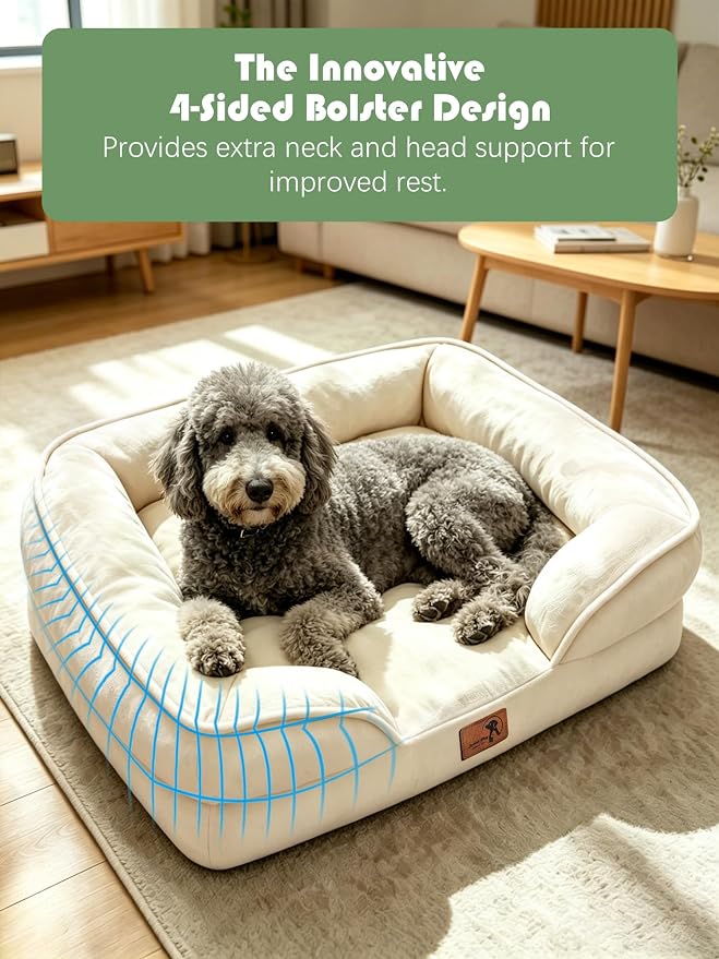 Spotted Play Orthopedic Dog Bed with Sides - Sofa Beds for Large Dogs, Supportive Foam Pet Couch Bed with Washable Removable Cover, Waterproof Lining and Non-Slip Bottom, Ivory - L-Plus