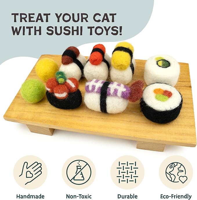 Woolbuddy Sushi Cat Toy Set – Wool Felt Interactive Toys for Indoor Cats & Kittens, Catnip-Free, Durable, Cute Enrichment Toys for Bored Cats, Natural Wool Dental & Hunting Play (Small – 9 Pcs)