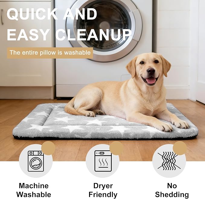 Dog Bed Mat – Soft & Comfortable Dog Kennel Pad for Crate – Durable Crate Bed & Mat for Dogs & Cats – Ideal for Crate, Kennel, and Home Use (Big&Little Stars Grey, L(35"*23"*1.5"))