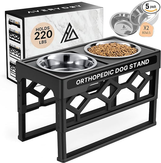 AVERYDAY Small Dog Bowls Elevated, 4 Height Adjustable Raised Dog Bowl Stand with 2 Stainless Steel Food and Water Bowls Set, Tall Dogs Feeding Station with Anti-Slip Base for Small Medium Breeds Dogs