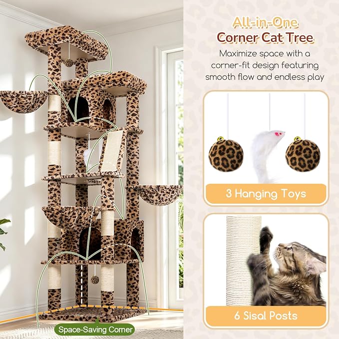Globlazer 80in Extra Large Leopard Cat Tree Tower, S80G, Leopard Print | Multi-Level Cat Condo For Multiple Indoor Cats Large Adult Kittens, Scratching Posts, Widened Perches, Adjustable Baskets