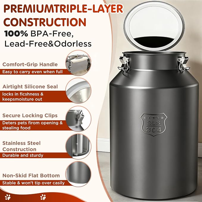 IPOW 48 lb Large 304 Stainless Steel Dog Food Bin with Airtight Lid, Pet Food Container for Dogs & Cats, Keep Fresh, Easy to Clean