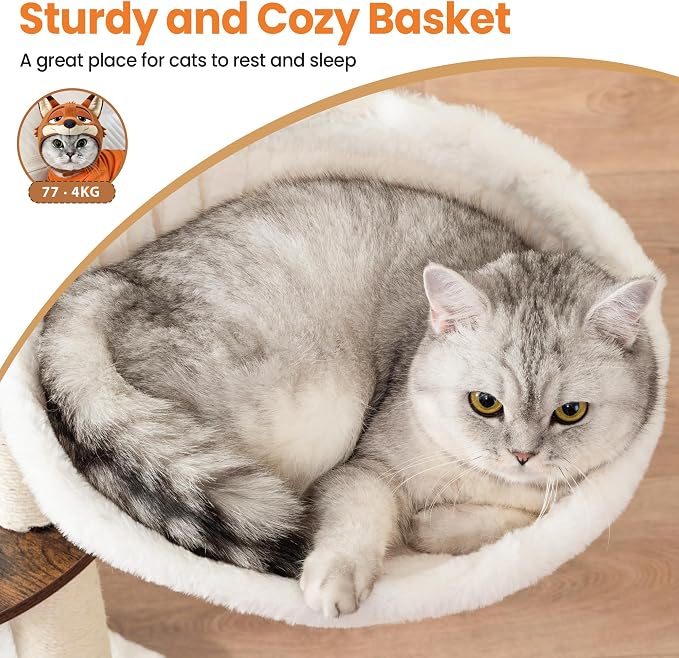 44.8in Modern Wood Cat Tree Tower for Indoor Large Cats with Perch | Multi-level Big Platforms, Sisal Scratching Posts, Cozy Hammock, Washable Pads, Ideal for Windows and Corners, Rustic Brown
