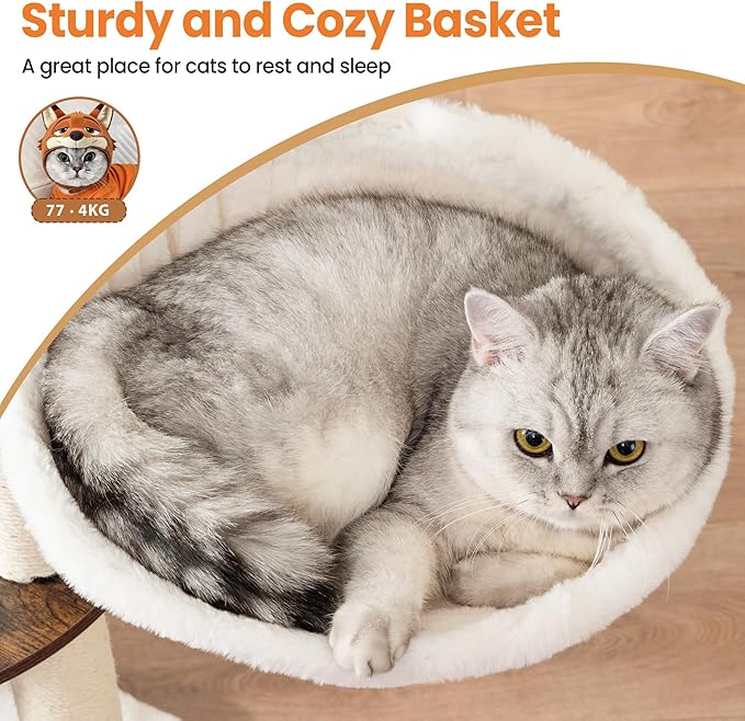 44.8in Modern Wood Cat Tree Tower for Indoor Large Cats with Perch | Multi-level Big Platforms, Sisal Scratching Posts, Cozy Hammock, Washable Pads, Ideal for Windows and Corners, Greige