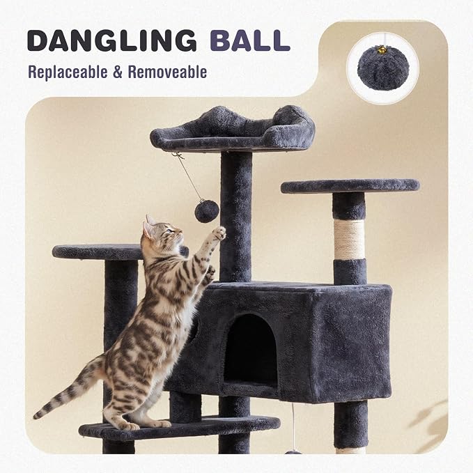54 Inch Cat Tree Tower with Sisal Scratching Posts | Multi-Level Cat TreeTower with Climbing Ladder, Play Toy Balls House for Indoor Cats, Grey