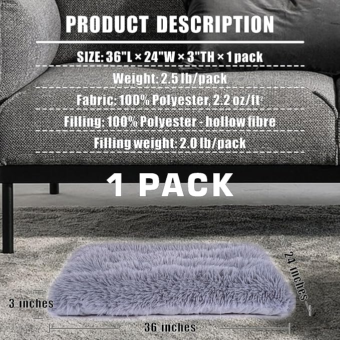 Machine Washable Dog Bed, Deluxe Plush Dog Crate Pad and Cat Bed, Anti-Slip Bottom Kennel Pad Mat, Fuzzy Pet Beds for Large, Medium, Small Dogs Breeds (Grey, 36.0" L x 24.0" W x 3.0" Th x 1 Pack)
