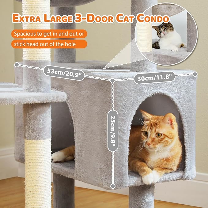 PAWZ Road 72" Cat Tree, Tall Cat Tower with Hammock& Condos for Large Cats | 20"x16" hammock for adult cats, cat tower with 7 scratching posts&pad, dual top perch and large condo for big cats