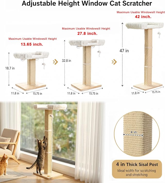 Cat Scratching Post with Large Window Perch, 47-Inch Tall Sisal Cat Tree | Glass Suction-Cup Mounting; For Large Cat & Maine Coons; Thick Square Sisal Post; Ultra-Soft Bolstered Bed; Hold Up to 45 lbs