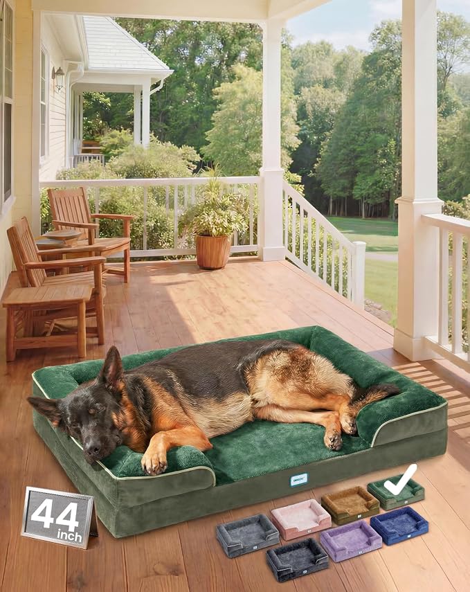OhGeni Orthopedic Dog Bed Couch Big Cat Sofa for Extra Large Sized Pets with Memory Foam, Machine-Washable Waterproof Removable Cover, Soft Comfortable Fabric, 44-inch (Green)