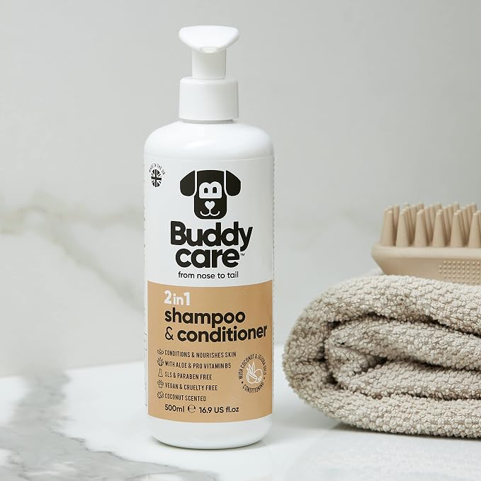 Buddycare 2in1 Dog Shampoo and Conditioner (16.90oz) | Coconut Scented Dog Shampoo Sensitive Skin | Hypoallergenic Itch Relief for Smelly Dogs | Essential Dog Grooming Supplies
